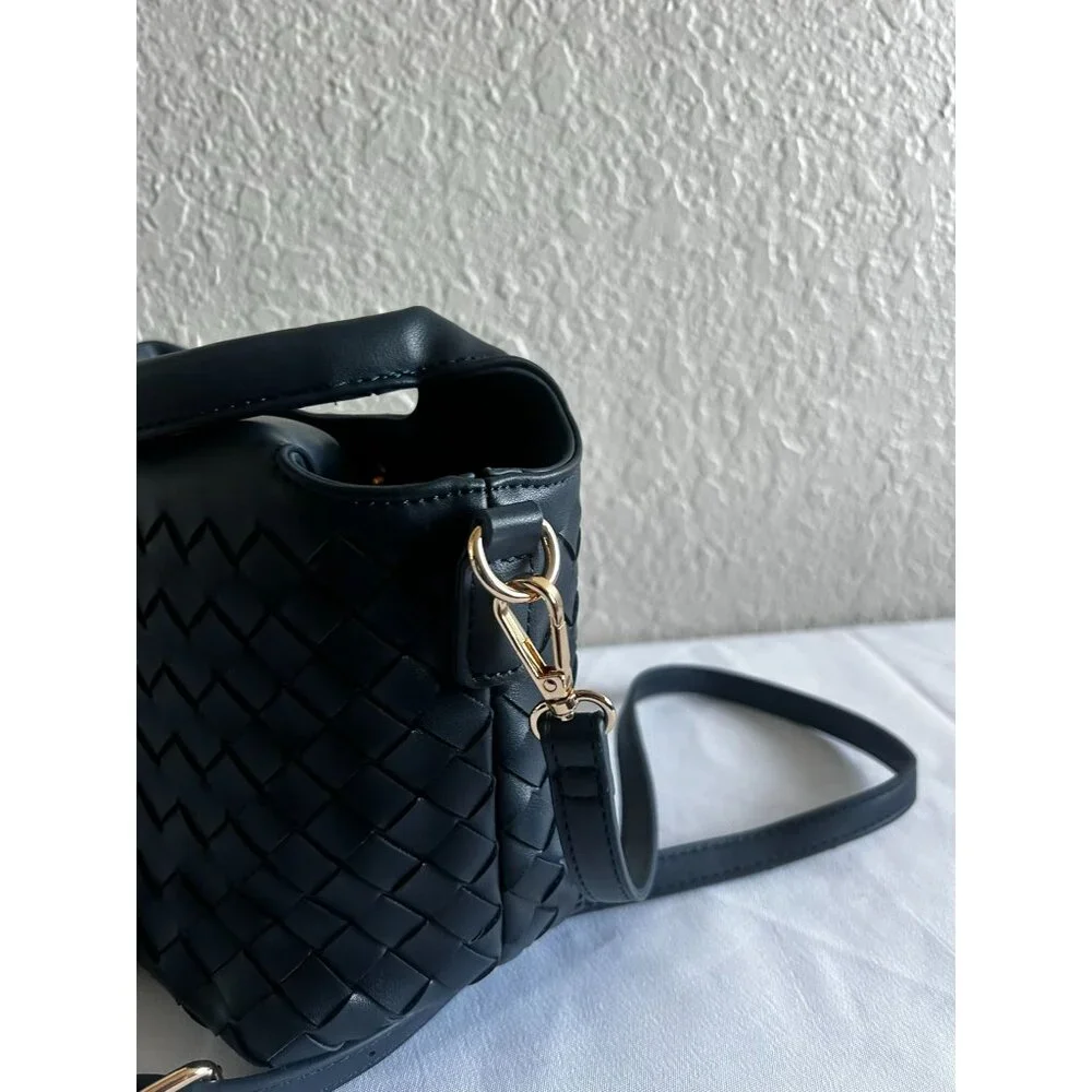 Urban Expressions Hobo Crossbody Women's Navy Blue Faux Leather Woven Purse - Picture 4 of 7